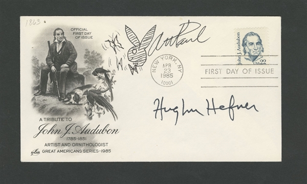 American Magazine Publisher/Life-Stylist Hugh Hefner Signed First Day Cover with Art Paul Signed Playboys Rabbit Logo with COA
