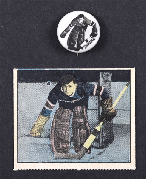 Bill Durnan 1948 Montreal Canadiens Pep Cereal Pin and 1951 Berk Ross "Hit Parade of Champions" Rookie Card