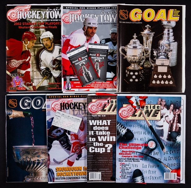 Detroit Red Wings 1970s to 2010s Playoffs Program Collection of 32 Plus 1996-97/1997-98 Stanley Cup Champions Team Photos Display