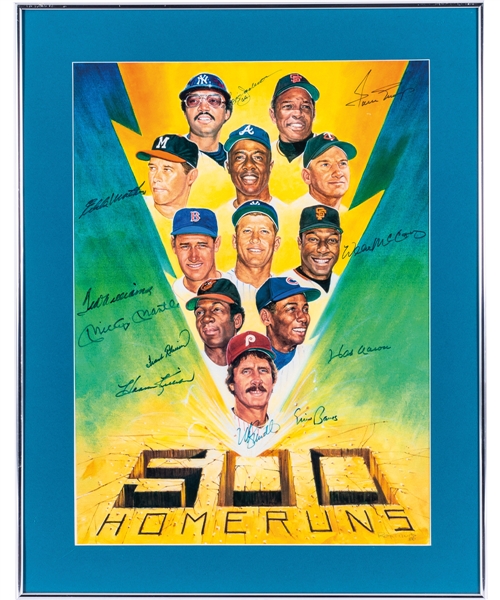 500 Home Run Club Framed Print Signed by 11 Hall of Famers Including Mantle, Williams, Aaron, Mays and Banks with JSA LOA (22” x 28”) 