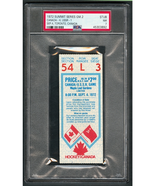 1972 Canada-Russia Series Game #2 Ticket Stub from Toronto - Graded PSA NM 7! - Highest Graded!