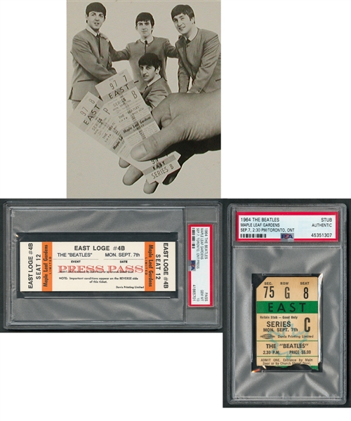 The Beatles Sept. 7th 1964 Loge Press Pass For Concert at Maple Leaf Gardens (Graded PSA 10 GEM MT) Plus Sept. 7th 1964 Concert Ticket Stub (Graded PSA Authentic)