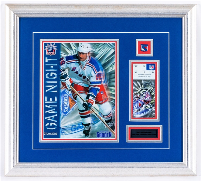 Wayne Gretzky New York Rangers April 18th 1999 Final NHL Game Ticket Stub and Final Season New York Rangers Program Framed Display (18 ½” x 20 ½”)