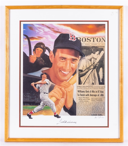 Ted Williams Boston Red Sox Signed Triple Crown Limited-Edition Framed Lithograph #132/406 and Joe DiMaggio Signed Sports Illustrated Cover Framed Display with JSA Auction LOA