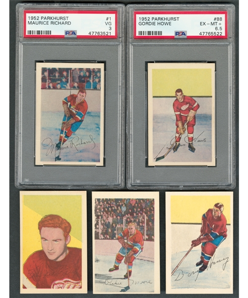1952-53 Parkhurst Hockey Card Starter Set (77/105) Including PSA-Graded Cards #1 HOFer Maurice Richard (VG 3) and #88 HOFer Gordie Howe (EX-MT+ 6.5)