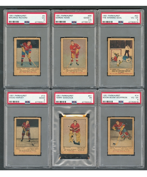 1951-52 Parkhurst Hockey Card Near Complete Set (103/105) with PSA-Graded Cards (6) Including #4 HOFer Maurice Richard RC (VG 3) and #66 HOFer Gordie Howe RC (Good+ 2.5)