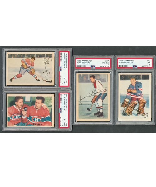 1953-54 Parkhurst Hockey Complete 100-Card Set with PSA-Graded Cards (6) Including #24 HOFer Maurice Richard (VG-EX 4), #27 HOFer Jean Beliveau RC (VG-EX 4) and #50 HOFer Gordie Howe (Good+ 2.5)