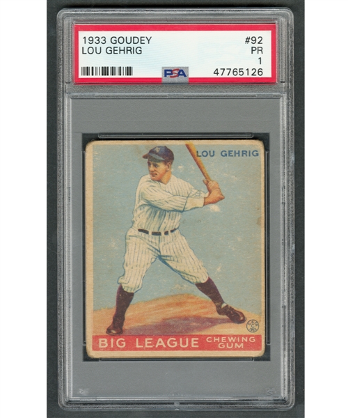 1933 Goudey Baseball Card #92 HOFer Lou Gehrig Rookie - Graded PSA 1