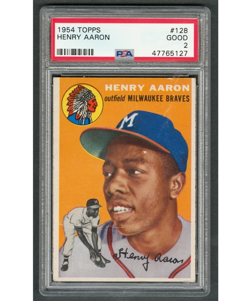1954 Topps Baseball Card #128 HOFer Hank Aaron Rookie - Graded PSA 2