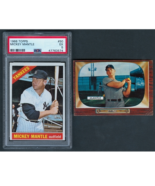 1966 Topps Baseball Card #50 HOFer Mickey Mantle (PSA 5) and 1955 Bowman Baseball Card #202 HOFer Mickey Mantle (Recolored)