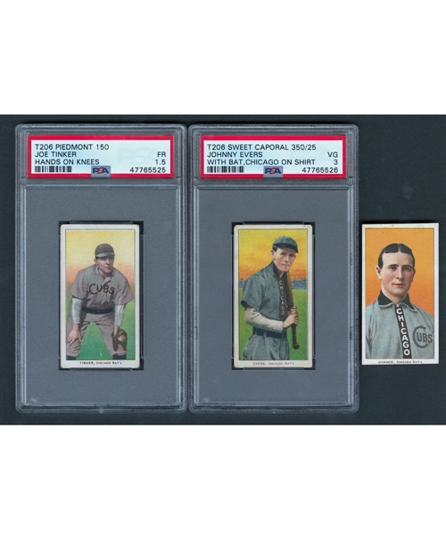 1909-11 T206 Baseball Cards of Johnny Evers (Chicago on Shirt - PSA 3), Joe Tinker (Hands on Knees - PSA 1.5) and Frank Chance (Portrait Yellow - Trimmed)