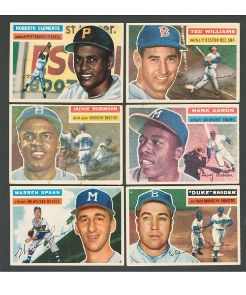 1956 Topps Baseball Card Collection of 6 Including #33 Roberto Clemente, #5 Ted Williams, #30 Jackie Robinson, #31 Hank Aaron, #10 Warren Spahn and #150 Duke Sniker - All HOFers