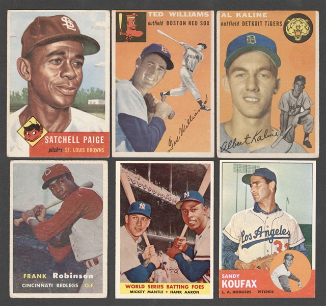 1950s/1960s Topps and Bowman Baseball Card Collection of 26 Including 1953 Topps #220 Satchell Paige, 1954 Topps #1 Ted Williams, 1958 Topps #418 Mantle/Aaron, 1963 Topps #210 Sandy Koufax & Many More