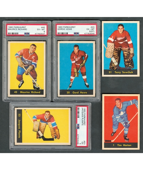 1960-61 Parkhurst Hockey Complete 61-Card Set with PSA-Graded Cards #20 HOFer Gordie Howe (EX-MT 6 (ST)), #45 HOFer Maurice Richard (EX-MT 6) and #53 HOFer Jacques Plante (EX 5)