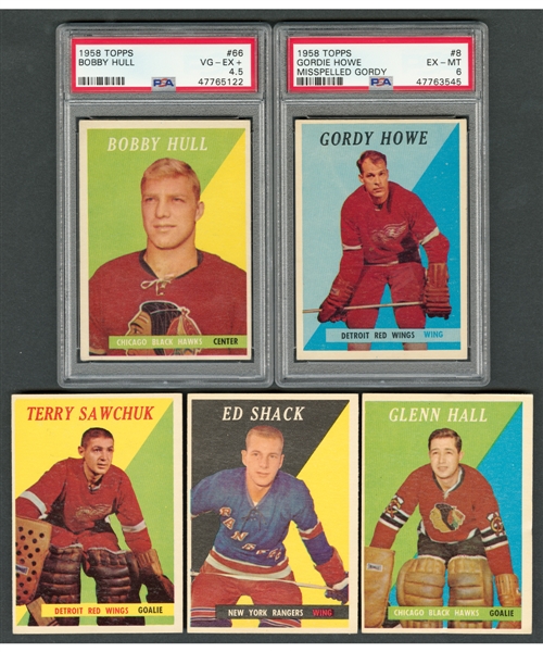 1958-59 Topps Hockey Complete 66-Card Set with PSA-Graded Cards #8 HOFer Gordie Howe (EX-MT 6) and #66 HOFer Bobby Hull RC (VG-EX+ 4.5) 