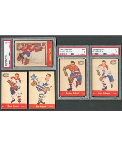 1955-56 Parkhurst Hockey Complete 79-Card Set with PSA-Graded Cards #37 HOFer Maurice Richard (VG 3), #44 HOFer Jean Beliveau (VG 3) and #50 HOFer Jacques Plante RC (VG 3)