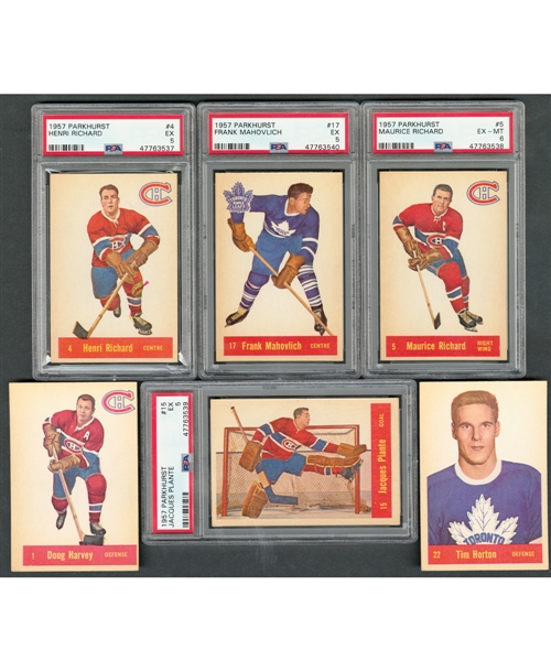 1957-58 Parkhurst Hockey Complete 50-Card Set with PSA-Graded Cards #4 HOFer Henri Richard RC (EX 5), #5 HOFer M. Richard (EX-MT 6), #15 HOFer J. Plante (EX 5) and #17 HOFer F. Mahovlich RC (EX 5) 