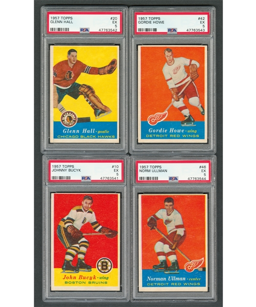 1957-58 Topps Hockey Complete 66-Card Set with PSA-Graded Cards #10 HOFer Johnny Bucyk RC (EX 5), #20 HOFer Glenn Hall RC (EX 5), #42 HOFer Gordie Howe (EX 5) and #46 HOFer Norm Ullman RC (EX 5)