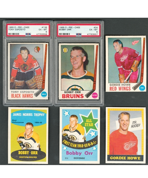 1969-70 O-Pee-Chee Hockey Complete 231-Card Set with PSA-Graded Cards #24 HOFer Bobby Orr (EX-MT 6) and #138 HOFer Tony Esposito RC (EX-MT 6)