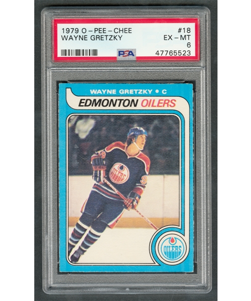 1979-80 O-Pee-Chee Hockey Card #18 HOFer Wayne Gretzky Rookie (PSA 6) and 1979-80 Topps Hockey Card #18 HOFer Wayne Gretzky Rookie (MINSIZERQ)
