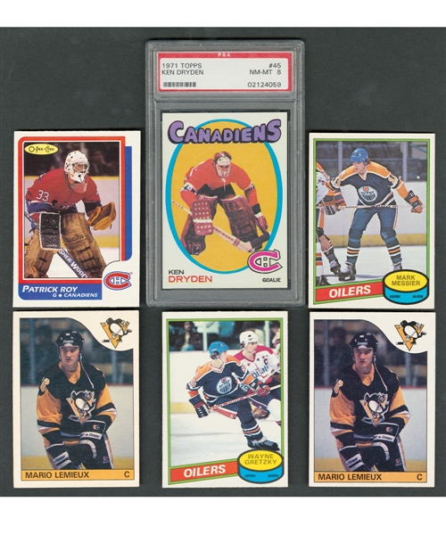 1970s/1980s Hockey Rookie Card Collection (17) Including 1971-72 Topps #45 Dryden (PSA 8), 1980-81 OPC #289 Messier, 1985-86 OPC and Topps #9 Lemieux, 1986-87 OPC #53 Roy Plus Other Cards