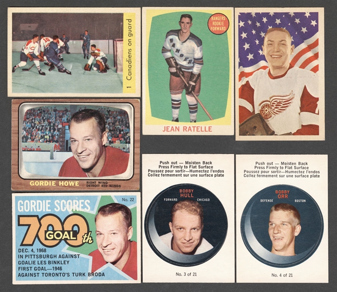1950s/1970s Parkhurst, Topps and O-Pee-Chee Hockey Card Collection of 120 Including 1959-60 Parkhurst #1 Canadiens on Guard, 1961-62 Topps #60 Jean Ratelle RC and 1968-69 OPC Puck Sticker Set