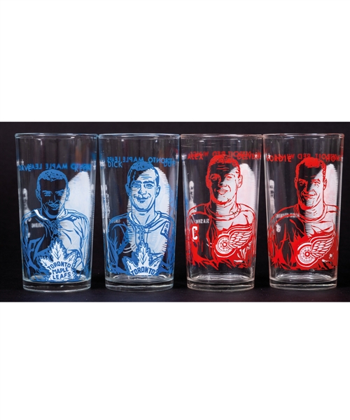 1961-62 Detroit Red Wings and Toronto Maple Leafs York Peanut Butter Glass Collection of 4 Including Gordie Howe