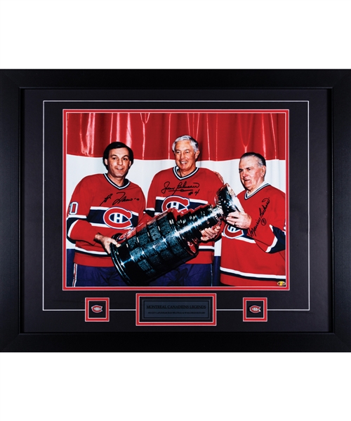 Montreal Canadiens Legends Maurice Richard, Jean Beliveau and Guy Lafleur Triple-Signed Framed Photo Display with COA (25" x 31")