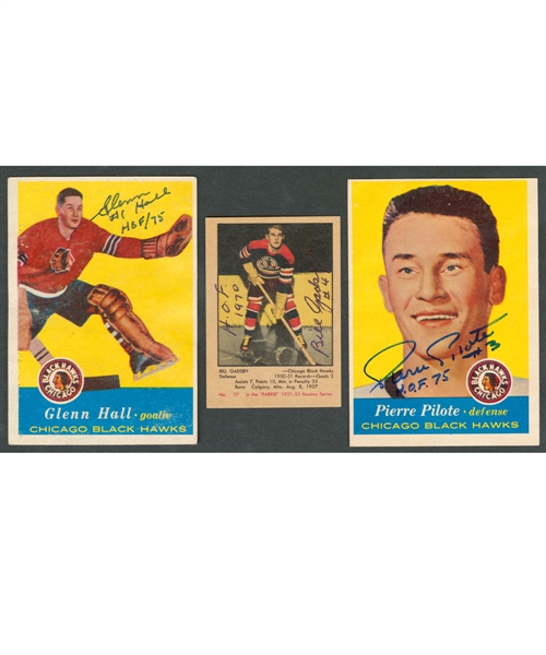 1951-52 to 1957-58 Parkhurst/Topps Hockey Chicago Black Hawks Signed Rookie Card Collection of 7 Including HOFers Glenn Hall, Pierre Pilote and Bill Gadsby