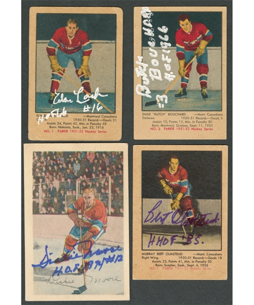 1951-52 and 1952-53 Parkhurst Hockey Montreal Canadiens Signed Card and Rookie Card Collection of 7 Including HOFers Lach, Bouchard, Olmstead and Moore