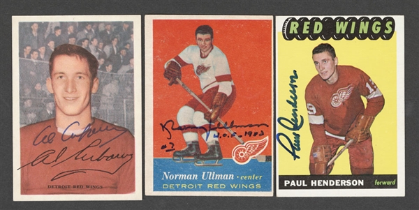 1953-54 to 1966-67 Parkhurst/Topps Hockey Detroit Red Wings Signed Card and Rookie Card Collection of 6 Including HOFers Al Arbour and Norm Ullman Plus 1972 Summit Series Hero Paul Hender