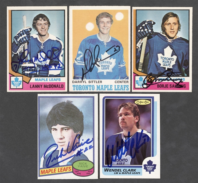1965-66 to 1986-87 Topps/O-Pee-Chee Hockey Toronto Maple Leafs Signed Rookie Cards (8) Including HOFers Darryl Sittler, Lanny McDonald and Borje Salming Plus Stars Rick Vaive and Wendel Clark