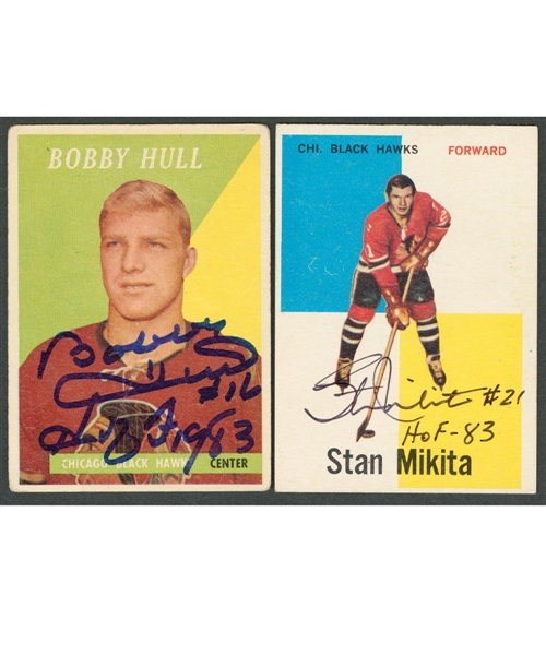 1958-59 Topps Hockey #66 HOFer Bobby Hull Signed Rookie Card with COA and 1960-61 Topps Hockey #14 HOFer Stan Mikita Signed Rookie Card with COA