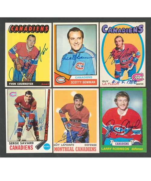 1965-66 to 1974-75 Topps/O-Pee-Chee Hockey Montreal Canadiens Signed Rookie Cards (6) Including HOFers Yvan Cournoyer, Serge Savard, Guy Lapointe, Guy Lafleur, Larry Robinson and Scotty Bowman