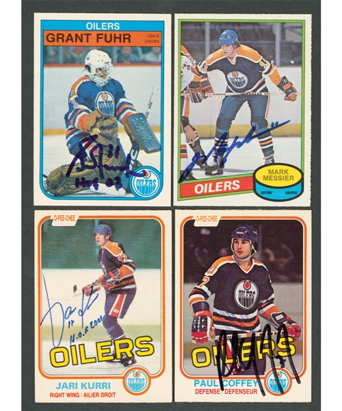 1979-80 to 1987-88 O-Pee-Chee Hockey Edmonton Oilers Signed Rookie Card Collection of 7 Including HOFers Mark Messier, Jari Kurri, Paul Coffey, Glenn Anderson and Grant Fuhr 