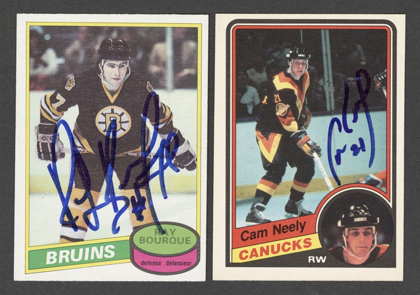 1980-81 O-Pee-Chee Hockey #140 HOFer Ray Bourque Signed Rookie Card with COA and 1984-85 O-Pee-Chee Hockey #327 HOFer Cam Neely Signed Rookie Card with COA