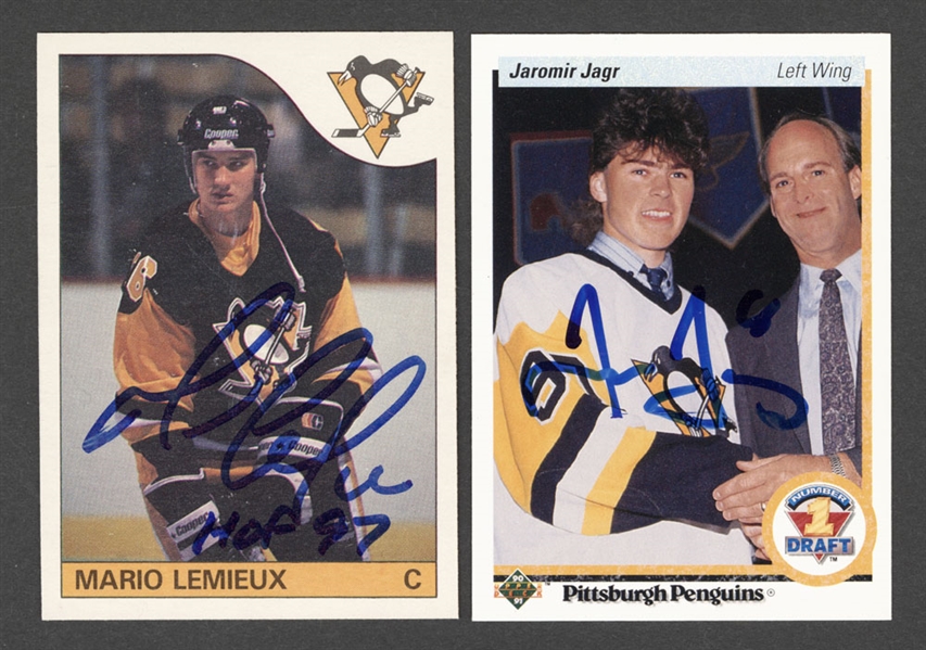 1985-86 O-Pee-Chee Hockey #9 HOFer Mario Lemieux Signed Rookie Card with COA and 1990-91 Upper Deck Hockey #356 Jaromir Jagr Signed Rookie Card with COA
