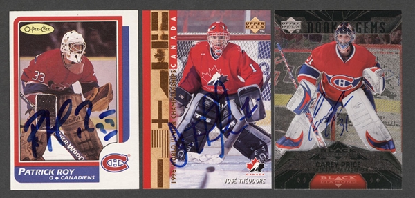 1986-87 O-Pee-Chee Hockey #53 HOFer Patrick Roy Signed Rookie Card with COA, 2007-08 UD #194 Carey Price Signed Rookie Card with COA and 1996-97 UD #530 Jose Theodore Signed Rookie Card with COA