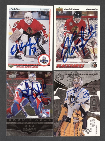 1986-87 to 2005-06 O-Pee-Chee/Upper Deck/Topps Hockey Signed Goalie Rookie Cards (8) Including HOFers Ed Belfour and Dominik Hasek Plus Stars Lundqvist, Fleury, Ward and Kiprusoff