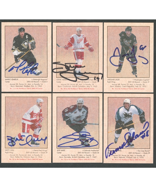 2002-03 Parkhurst Retro Hockey (Large) Complete 200-Card Base Set (Plus Some RCs #/300) Featuring 96 Signed Cards (Many with COAs) Including HOFers (22) Lemieux, Jagr, Bure, Yzerman and Others