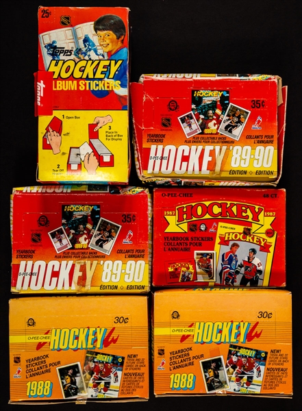 1970-71 Esso Hockey Stamps (Approx. 100), 1974-75 Loblaws Action Hockey Players Stamps (1400+) and 1982-83 to 1989-90 Topps/O-Pee-Chee Hockey Stickers Boxes (6)