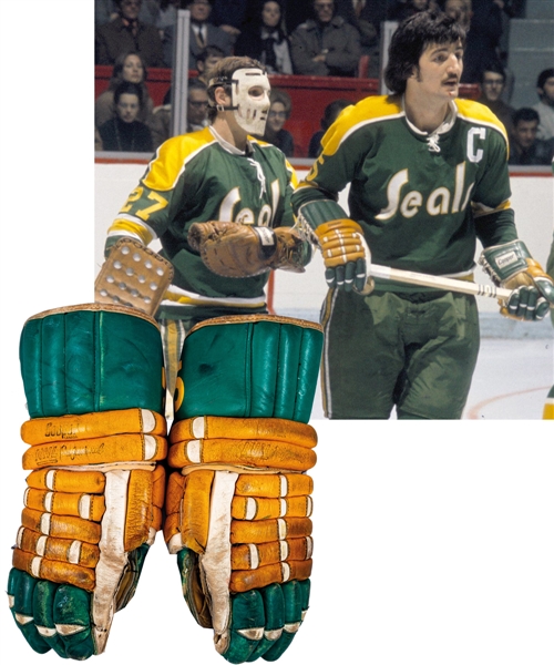 Carol Vadnais Early-1970s California Golden Seals Green and Gold Cooper Game-Used Gloves
