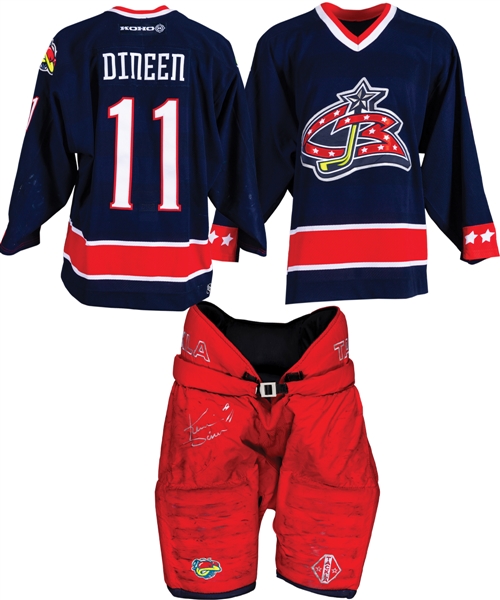 Kevin Dineens 2001-02 Columbus Blue Jackets Game-Worn Jersey with Team Repairs and 2000-01 Signed Tackla Game-Worn Pants with Team LOA