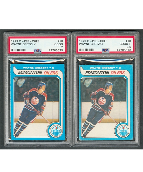 1979-80 O-Pee-Chee Hockey #18 HOFer Wayne Gretzky Rookie Cards (2) - Graded PSA 2 and PSA 2.5