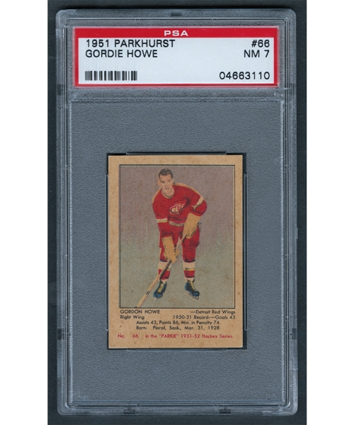 1951-52 Parkhurst Hockey Card #66 HOFer Gordie Howe Rookie - Graded PSA NM 7