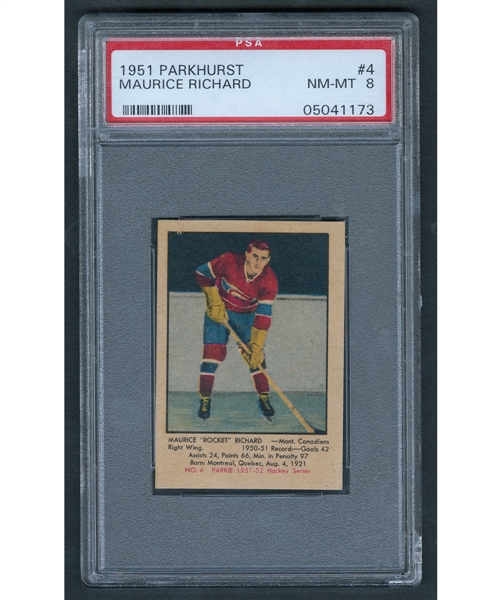 1951-52 Parkhurst Hockey Card #4 HOFer Maurice Richard Rookie - Graded PSA NM-MT 8