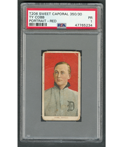 1909-11 T206 Baseball Card HOFer Ty Cobb (Portrait - Red) (Sweet Caporal Cigarettes Back 350/30) - Graded PSA 1