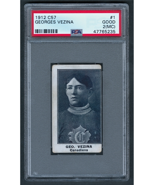 1912-13 Imperial Tobacco C57 PSA-Graded Hockey Card Collection of 5 Including HOFers #1 Georges Vezina (PSA 2 MC), Paddy Moran (PSA 1), Punch Broadbent Rookie (PSA 3 MC) and Tom Dunderdale (PSA 2)