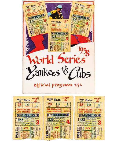 1938 World Series Program (New York) Plus Game #3 and Game #4 World Series Ticket Stubs (3) - New York Yankees vs Chicago Cubs