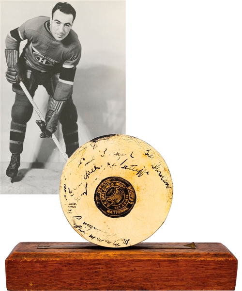 Hector "Toe" Blakes 1943-44 Montreal Canadiens Multi-Signed Game-Winning Stanley Cup Championship Overtime Goal Puck with LOA